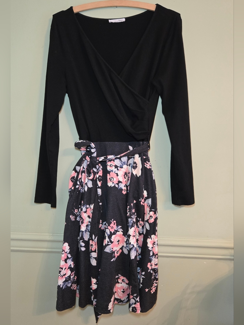 Black Long Sleeve Wrap Top with Pink Floral Skirt Dress With Pockets